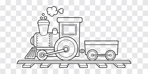 Black and white line drawing steam locomotive train illustration template with transparent background for creative design projects © Lila Ayu Fauziah