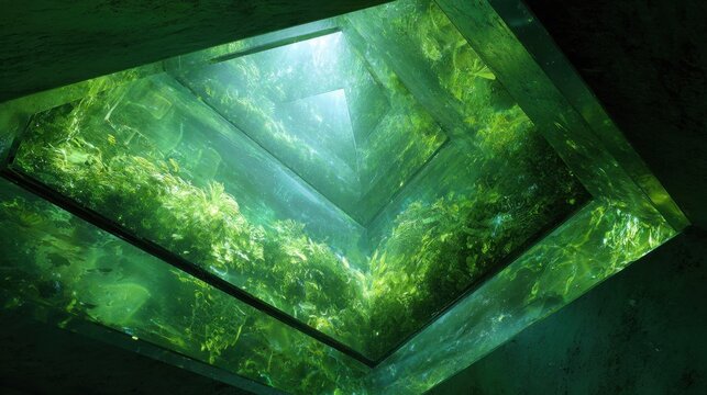 Lightwell filled with green vegetation inside concrete shaft