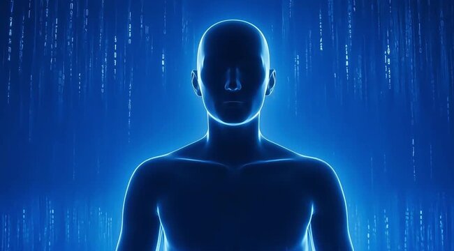 Digital human silhouette with binary code background