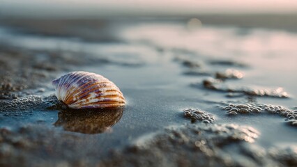 Seashell on Wet Sandy Beach at Water's Edge with Reflections