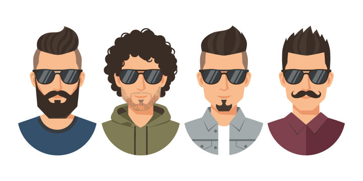 Male avatar portraits featuring various modern haircuts, beards, and sunglasses, conveying hip, fashionable, and diverse styles
