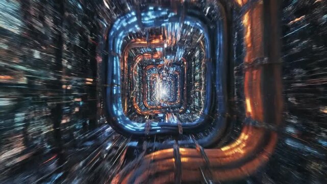 Digital tunnel with electrical energy bolts flashing through glowing circuits. Cyber data stream inside computer cables. Futuristic connection and network concept.