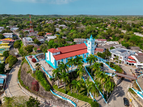 Aerial View of the Church of Usiacur&iacute; on Hilltop Surrounded by Colorful Town &ndash; Atl&aacute;ntico, Colombia