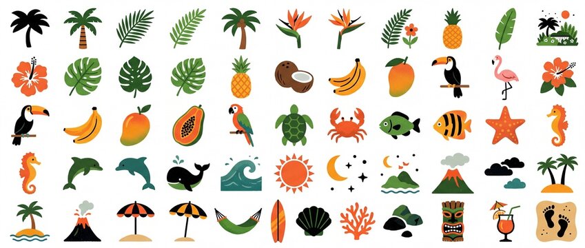 Colorful tropical patterns with plants, animals, and fruits in a vibrant layout suitable for wallpaper or decoration