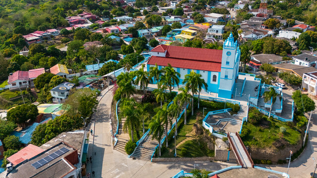 Aerial View of the Church of Usiacur&iacute; on Hilltop Surrounded by Colorful Town &ndash; Atl&aacute;ntico, Colombia