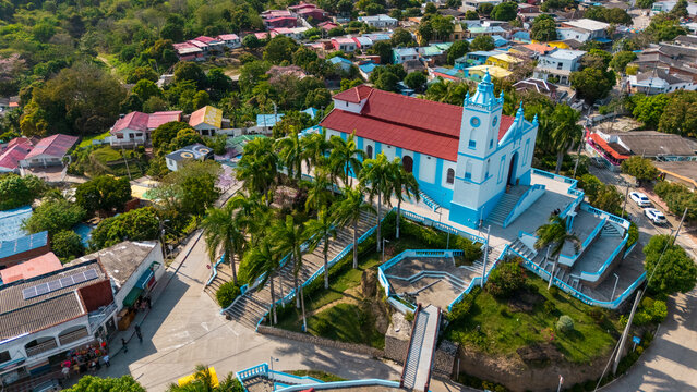 Aerial View of the Church of Usiacur&iacute; on Hilltop Surrounded by Colorful Town &ndash; Atl&aacute;ntico, Colombia