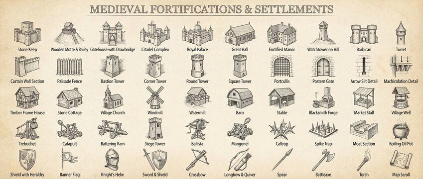 Collection of medieval fortifications and settlements with names and illustrations as a reference guide