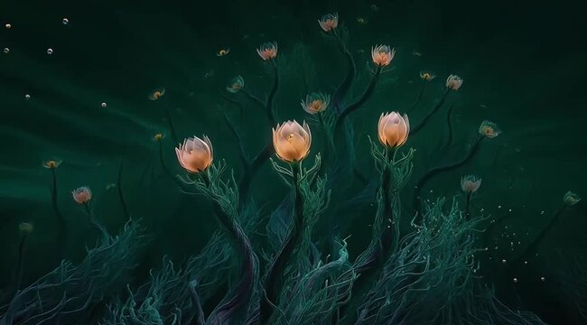 Luminescent alien flowers bloom in dark mystical environment
