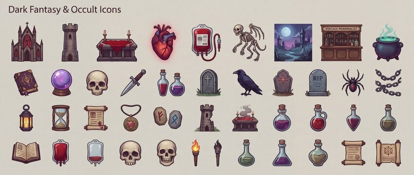 Dark fantasy and occult icons collection showing various symbols, objects, and elements related to magic and mystery