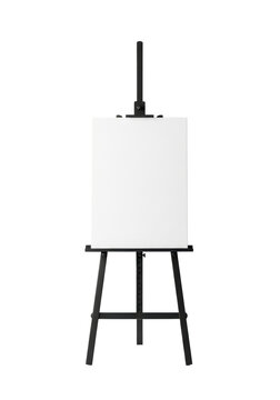 sturdy, minimalist matte black steel h-frame artist's easel holding a blank white gallery-wrapped canvas, isolated on a shadowless high-key white cyclorama. concept of artistic possibility