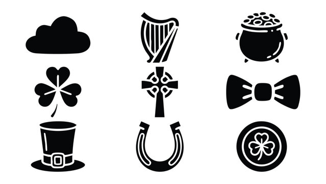  fiddle and bow, leprechaun boots, irish harp, celtic knot  Flat Vector Illustration on Transparent Background