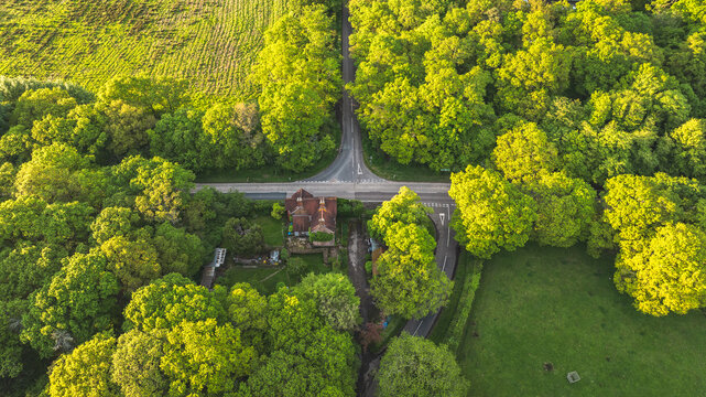 Aerial view of a rural intersection with a house nestled among lush green trees
