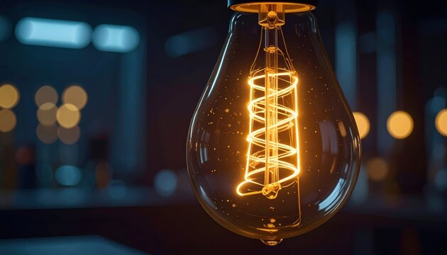 A thin, tightly coiled tungsten filament glowing faintly with warm light inside an evacuated glass incandescent bulb against a blurred dark background, showcasing classic illumination.