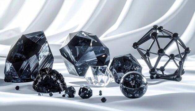 Collection of crystalline carbon allotropes including diamond and graphite forms, arranged for scientific display