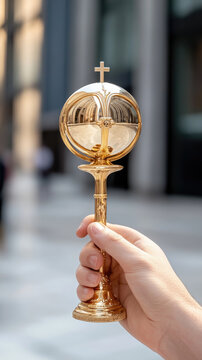 Hand holding a golden monstrance or processional sacrament displaying the eucharist during a Corpus Christi celebration, symbolizing faith, devotion, and religious tradition. Corpus Christi