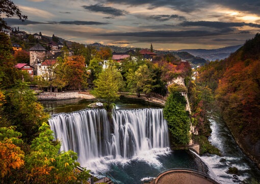 Waterfall in Jajce, Bosnia and Herzegovina, where the Pliva River flows into the Vrbas River.
