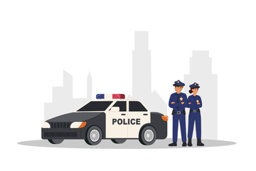 Two police officers and police car. Man and woman in blue uniform standing near car in city. Vector illustration. © Ангелина