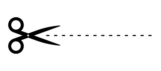 Plakat Scissor icon with dash cut line. of instrument for cutting paper. Graphic symbol representing separation, coupon, voucher, promotion, discount offer and craft tool. Vector illustration