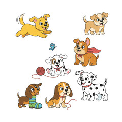 Fototapeta premium Group of happy cartoon puppies in various poses and breeds, including a superhero, playing with a ball and a butterfly