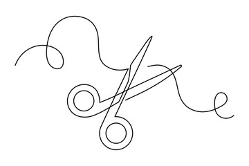 Scissors cutting simple curved thread, continuous line drawing. Open shear tool and string. Creative design element for tailor, sewing project and fashion hobby. Vector illustration