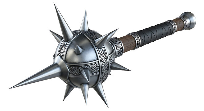 Medieval mace weapon with spikes, fantasy battle item isolated on white background, studio shot