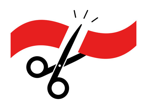 Scissors cutting red ribbon. Grand opening ceremony symbol. Celebration event launch and business inauguration sign. Start of project success. Vector illustration