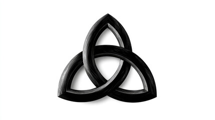 Triquetra symbol depicting unity, eternity, and a holy trinity concept, featuring an intricate knot pattern in textured metal on a clean white background. Pentecost