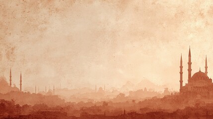 Obraz premium Vintage sepia Ramadan background featuring blurred mosque silhouettes against a soft desert haze, with textured parchment style and warm dusty tones, ideal for cultural heritage themes