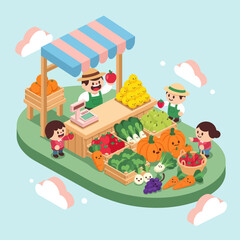 Obraz premium Vibrant Farmers Market Scene with Fresh Produce and Happy Shoppers.