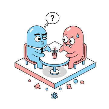 Two cartoon characters having a tense meeting over a small plant.