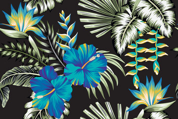 Tropical Hawaiian blue hibiscus flower, palm leaves floral seamless pattern black background. Exotic jungle wallpaper. © good_mood