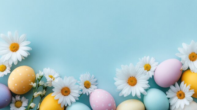 colorful easter eggs and spring flowers on a blue background