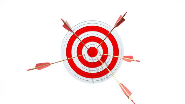 Archery target with many arrows. One hits the center bullseye, showing success, while others miss. Green chromakey, luma matte included.