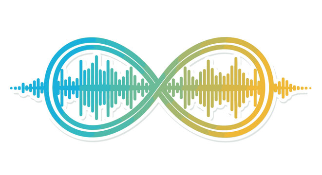 Infinity symbol with audio waveform inside, representing continuous sound, music, or data flow, isolated on white background.