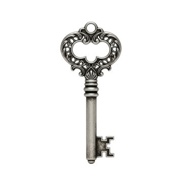 Macro shot of an intricate, aged sterling silver skeleton key with dark patina and ornate victorian filigree, minimalist studio shot on a transparent background. Concept of unlocking mysteries