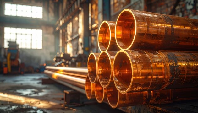 A collection of polished copper pipes of varying diameters stacked neatly in a dimly lit industrial facility, showcasing materials used in modern manufacturing.