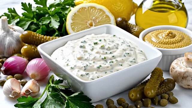 Fresh tartar sauce and ingredients on white marble surface
