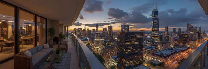 City skyline view at dusk with buildings, lights, and a colorful sky above