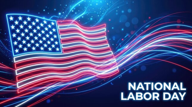 National labor day glowing usa flag with red and blue neon light trails on dark blue background