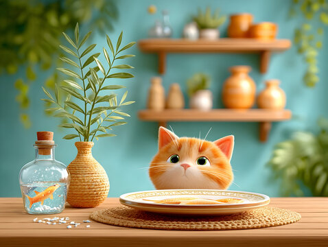 Thenhungry cat jumped into the kitchen table, intently looks at the crisp fish dish, wanting to steal and eat a fish, a cunning animal