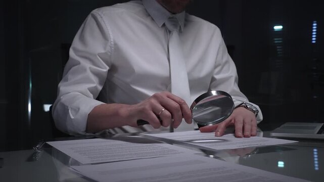 Person examining a document using a magnifying glass, focusing on fine print and terms in a legal agreement, working late. Audit and overworking concepts