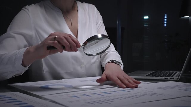 Businesswoman conducting detailed audit checking financial spreadsheets using magnifying glass with laptop and documents on desk. Audit and taxes concept