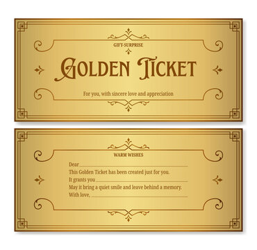 Golden Ticket vector template with ornate vintage frame, front and back sides. Great for invitations, vouchers, rewards and special occasions with custom text.