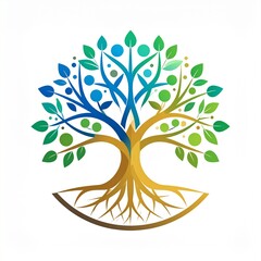 Abstract tree logo with green and blue foliage, concept for environmental technology and sustainable innovation, flat vector illustration