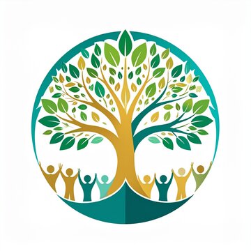 Circular golden green tree logo with people silhouettes, community empowerment and social foundation concept, flat vector illustration