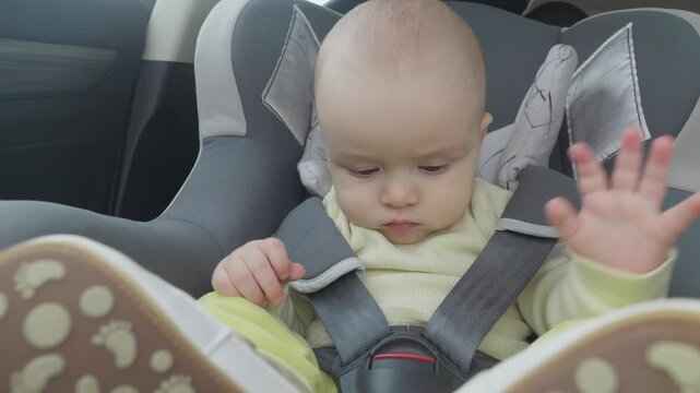 caucasian infant in car seat in modern car interior. Daylight through window during short road trip. Secure harness. concept of baby safety in a child seat
