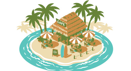 Obraz premium Vector illustration of a tropical island hut with palm trees
