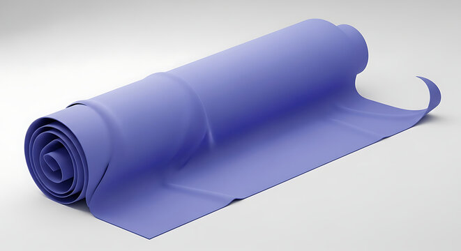 Rolled blue yoga mat on a light gray surface, exercise equipment for fitness and meditation practice