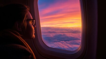 Fototapeta premium Woman with glasses observing vivid sunset from airplane window
