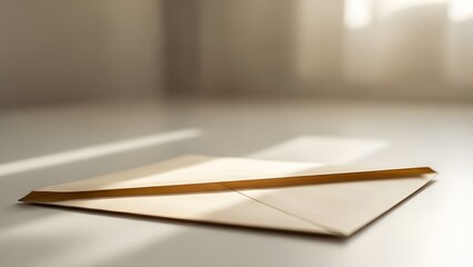 Naklejka premium Cream colored envelope lying flat on a white surface, casting a soft shadow and illuminated by gentle, diffused light.
